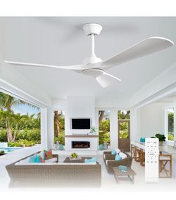 Depuley Ceiling Fan Without Light: 52 Inch 3 Blade Outdoor Fans for Patios - White Ceiling Fan No Light Indoor Remote Control Ultra Quiet DC Motor Rev