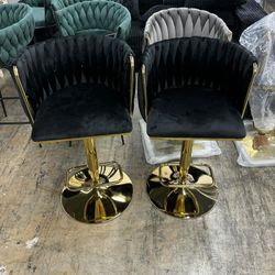 Black Velvet Bar Stools Set of 2 - Modern Adjustable Swivel Counter Height Chairs with Woven Back