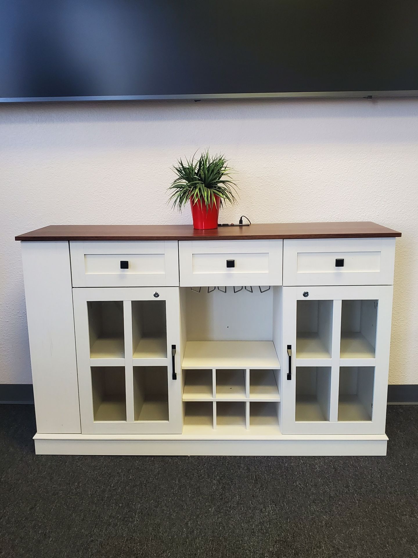 Sideboard Whit Shelf And Drawers, Wine Glasses Rack 55”x35”x16” New $270