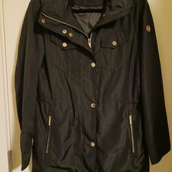 Michael Kors Ladies Medium Black With Gold Zippers And Buttons Rain Jacket With Concealed Hood