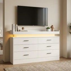 White 6-Drawer Dresser with LED Light Strip
