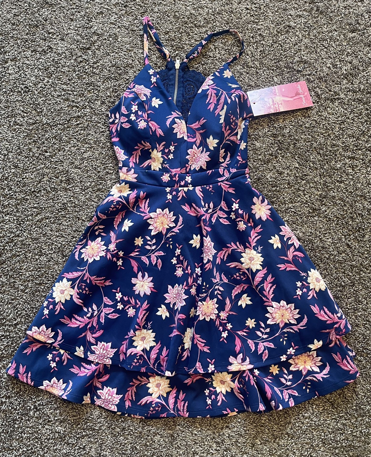 Blue Dress With Floral Designs And Lace Back