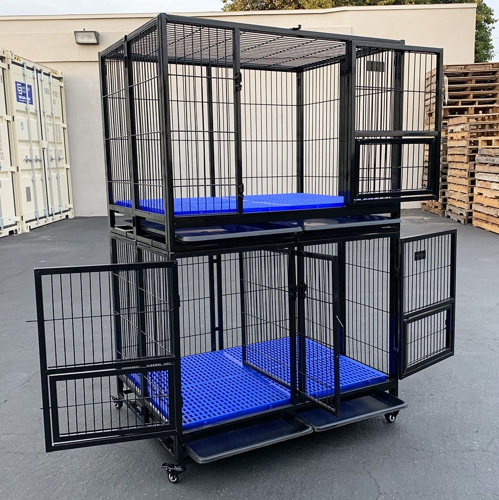 $320 (New) Set of 2 stackable dog cage 41x31x65” heavy duty kennel w/ plastic tray