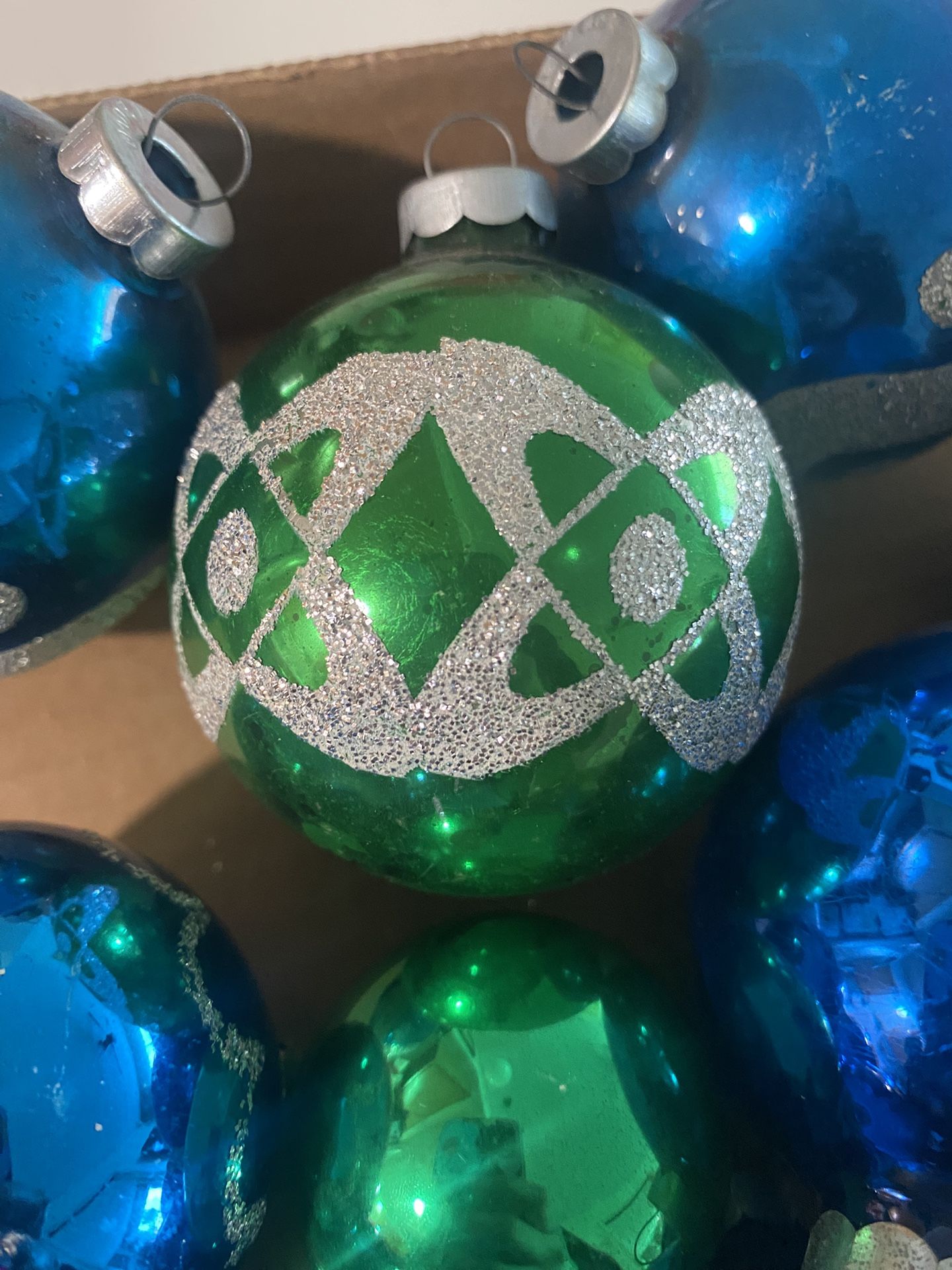 Vintage 1950s Christmas Ornaments Mid Century Blue Green