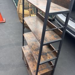 Bookshelf with Louvered Doors, 3-Tier Ladder Shelf with Cabinet