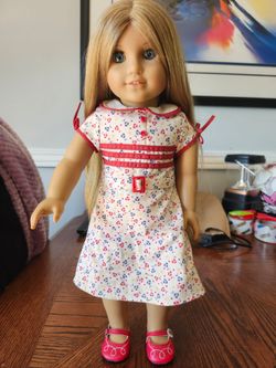 American Girl 18" Doll Blonde Hair Blue Eyes Floral Dress Red Shoes