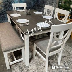 ✅️✅️(6 pc white & grey finish wood dining table set grey padded seat chairs and bench✅️✅️