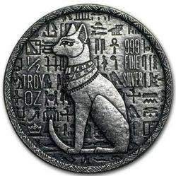 Ancient Egyptian Cat Goddess Baset • 1/2 oz Pure Silver Round (.999 Fine) • Ultra High Relief Coin Minted by Monarch Precious Metals