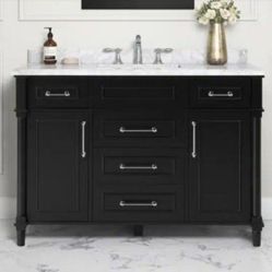 Home Decorators Collection Aberdeen 48 in. Single Sink Black Bath Vanity with Quartz Top in Snow Orchid with White Ceramic Rectangular