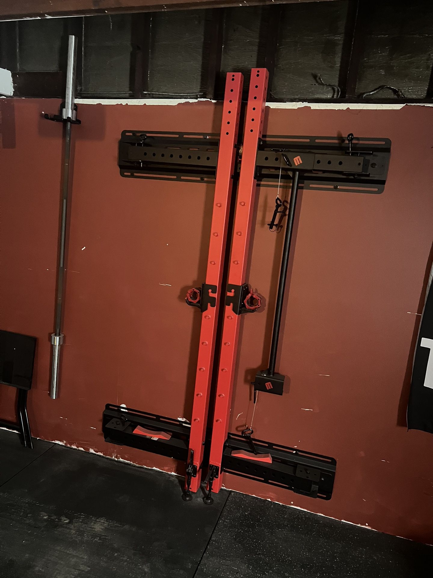 Wall Mount Squat rack, Bench, Pulley System, And Bar