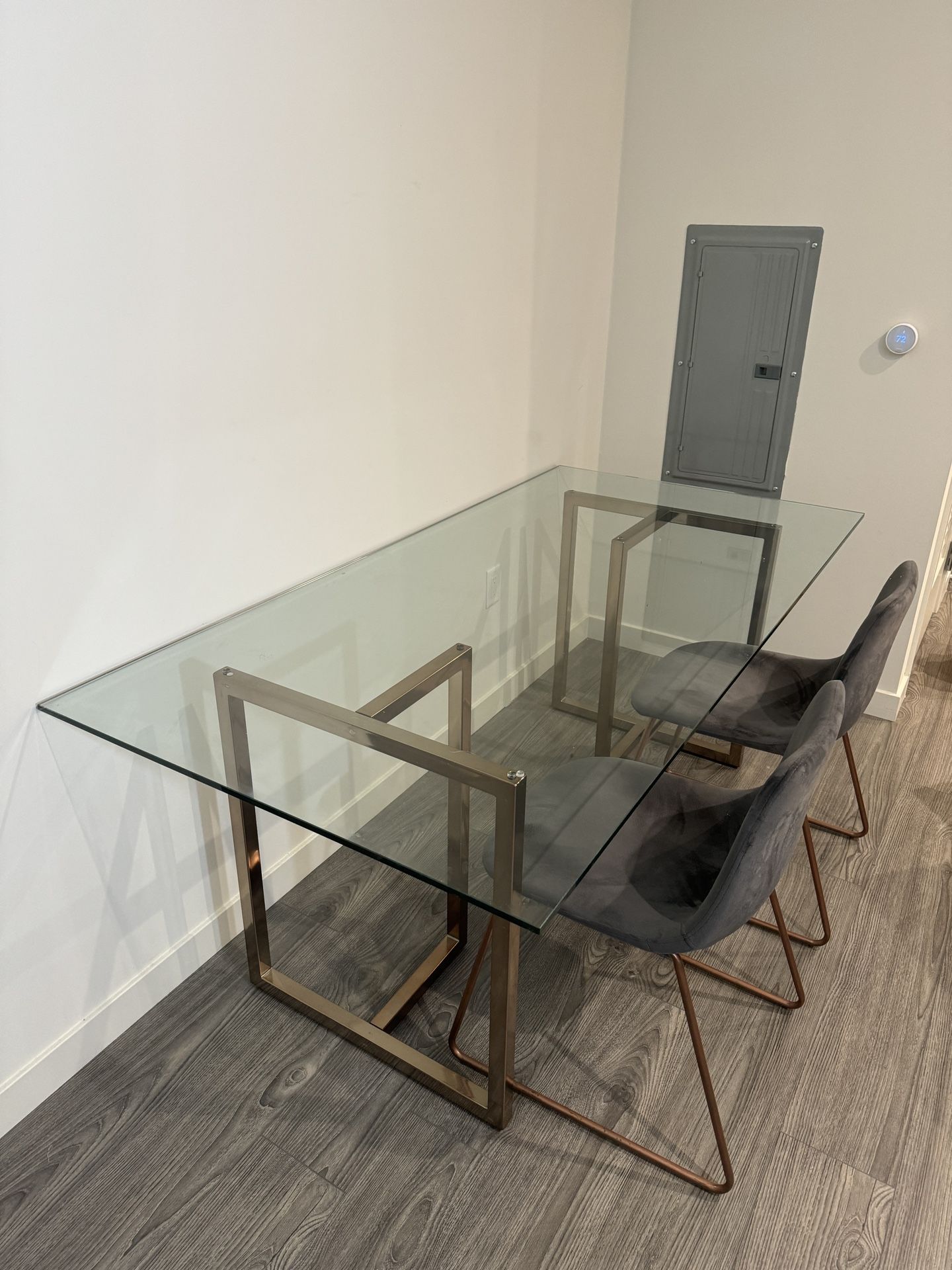 CB2 Silverado Large Glass Dining Table (Brass)