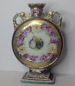 Antique Porcelain Moon Flask / Pilgrim Vase Hand-Painted Courting Scene gold 13"