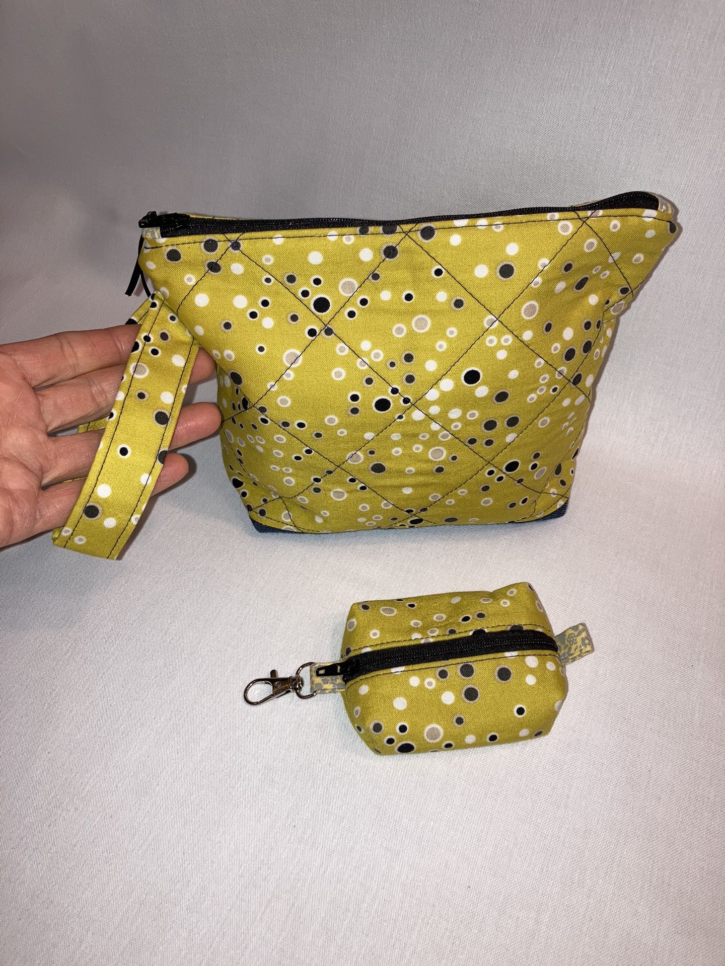 Zipper Pouch Bag Set, Handmade, Mustard/Navy Polka Dots