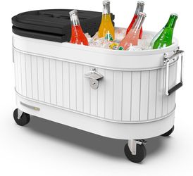 Permasteel Rolling Patio Cooler – Large Outdoor Ice Chest with Wheels, Beverage Cooler for Backyard, BBQ, Tailgate, Beach, Parties, Rustic Farmhouse D