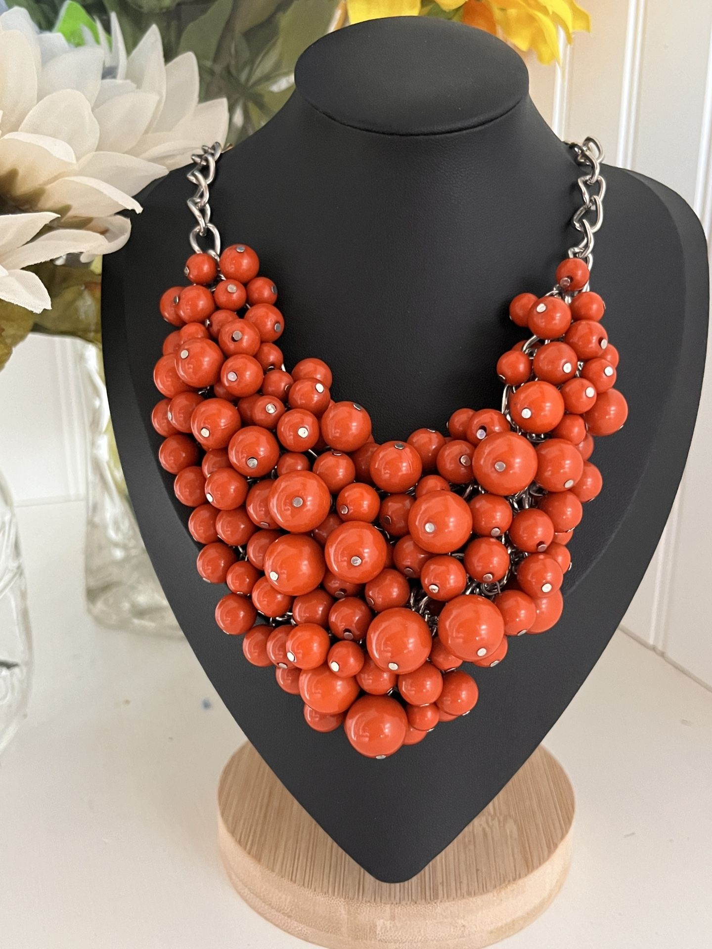 Spectacular Orange Beaded Bib Necklace 