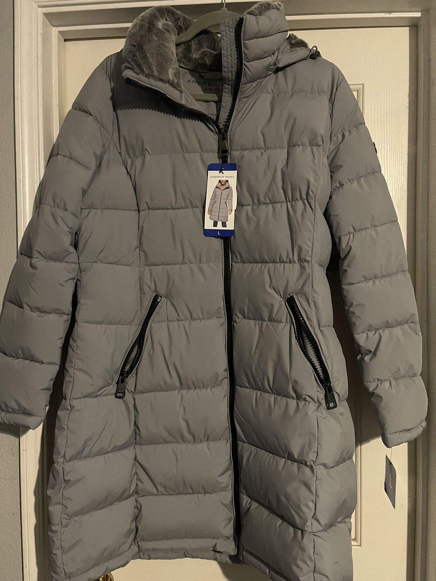 NWT Andrew Marc Hooded Grey Long Stretch Parka