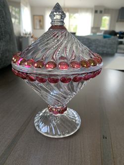 Vintage Fenton Glass Clear Covered Pedestal Candy Dish With Cranberry Beaded Accents