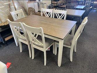 Dining Room Set In Distressed White And Natural Wood Set