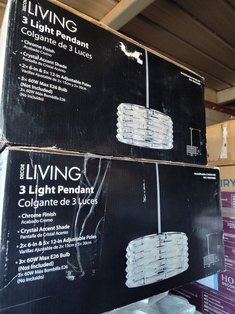 NIB (2) Hanging 3 Light Pendant Fixture / Clear Glass Bling - 2 For $90