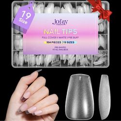 Short Coffin Nail Tips 504Pcs, Fashion Full Matte Gel Nail Kit, Full Cover Clear Acrylic Nail Tips, Pre-Shaped & Etched Fake Nails Coffin Press 