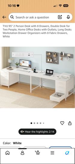 TVU 95" Double Desk with 8 Drawers, White