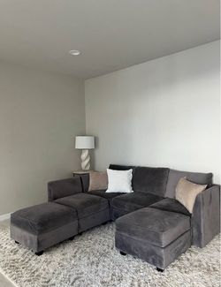 Gray Velvet Modular Sectional Sofa with Ottomans