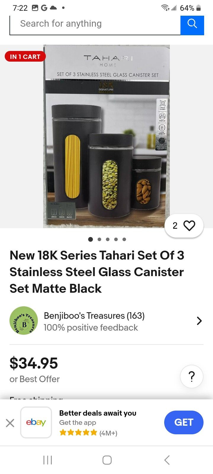 Tahari 3 PC Stainless Steel &Glass Canister Set