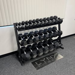 (New In Box) 5-75lb Rubber Hex Dumbbells With 3 Tier Dumbbell Rack Weights Home Gym Fitness Workout