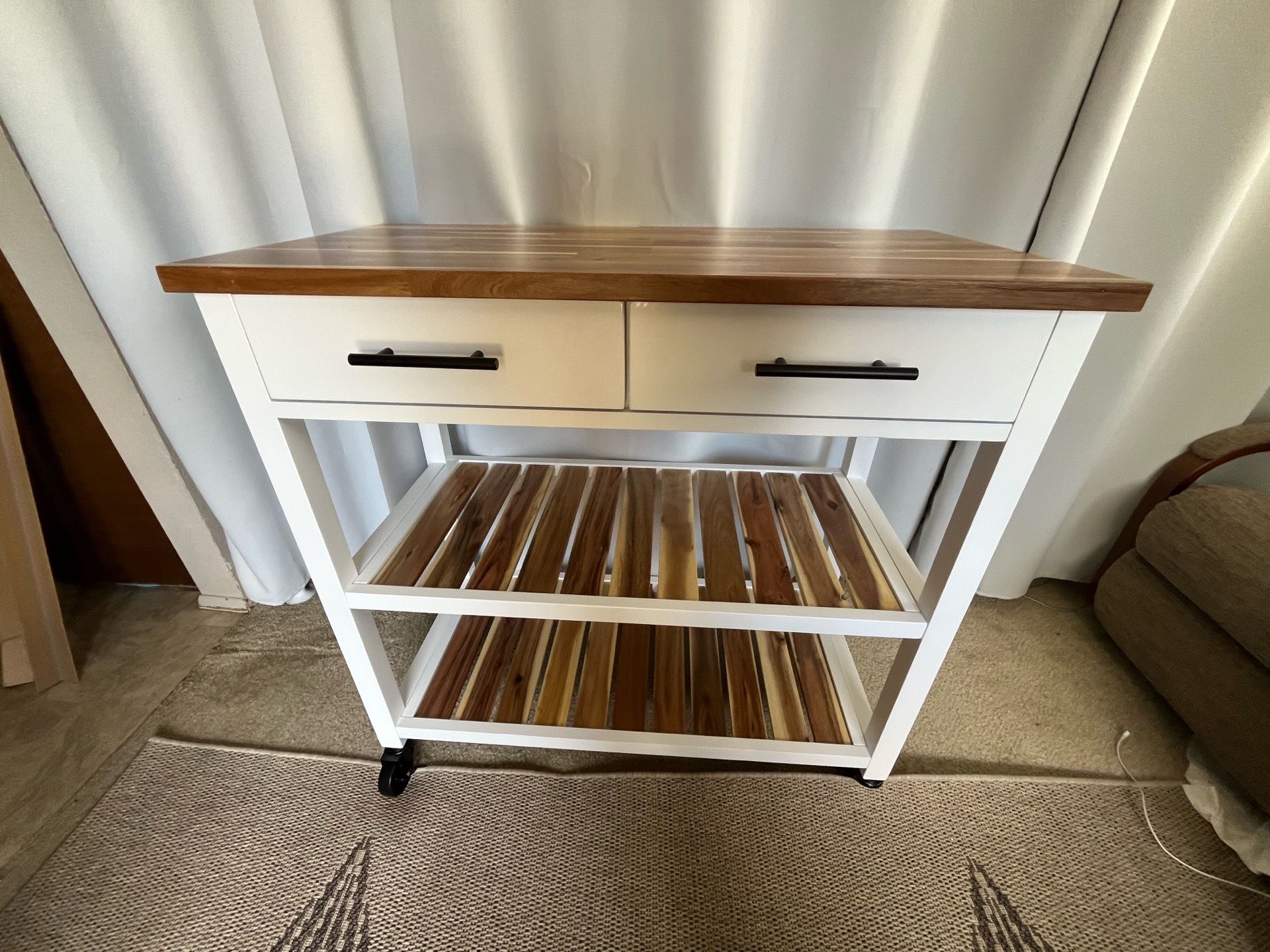 New Seville Acacia Top Kitchen Cart with Drawers, shelves and wheels. Just assembled. See pictures