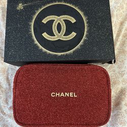 CHANEL Beaute Cosmetic Makeup Bag Pouch Clutch Sparkling Red Gold With Box
