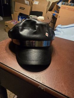 Black Faux Leather Fiddler Cap / Officer Hat with Red Cross Pin (Size 57-58)