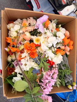Box of Fake Flowers & Greenery
