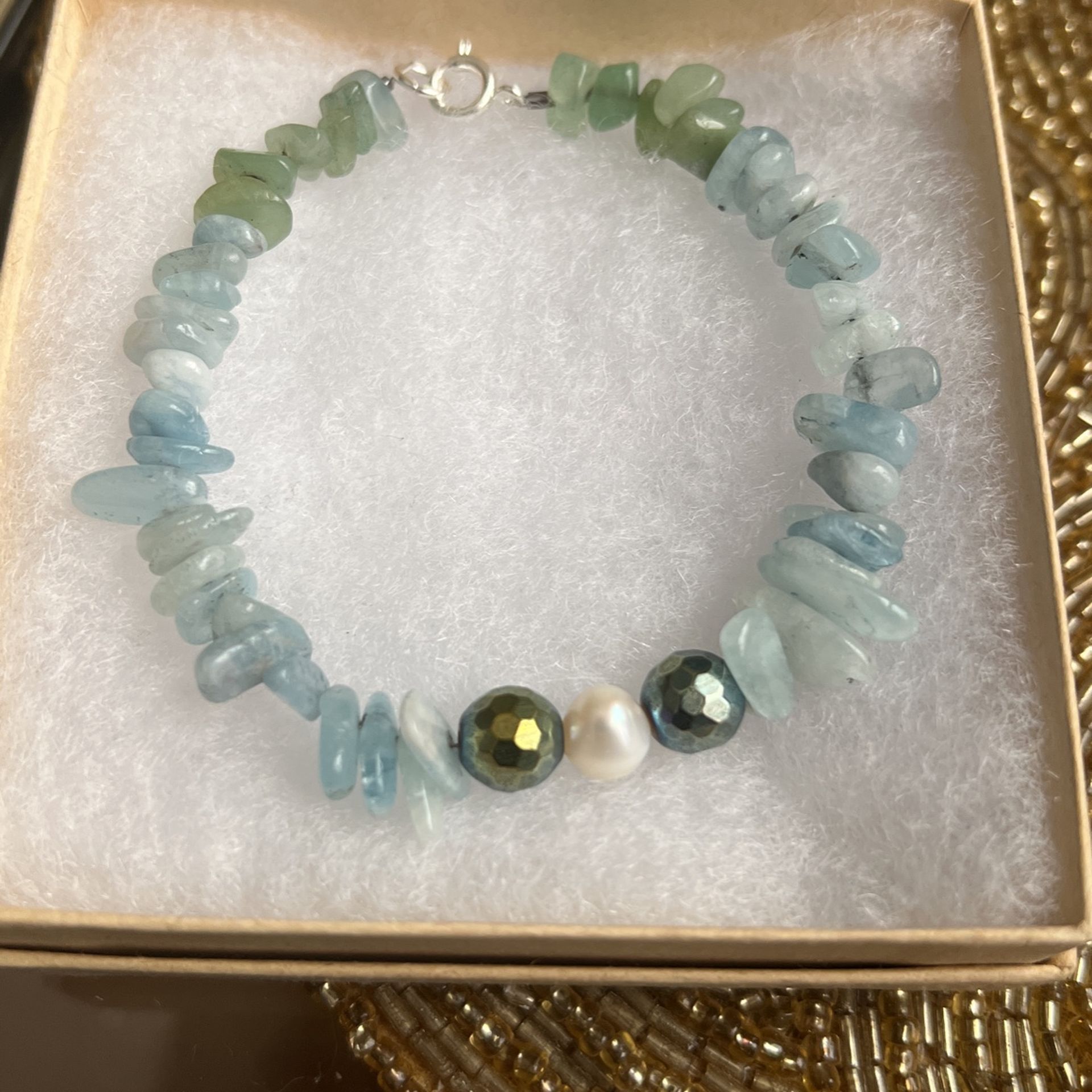 Aquamarine , Jade, Hematite , Freshwater Pearl Bracelet