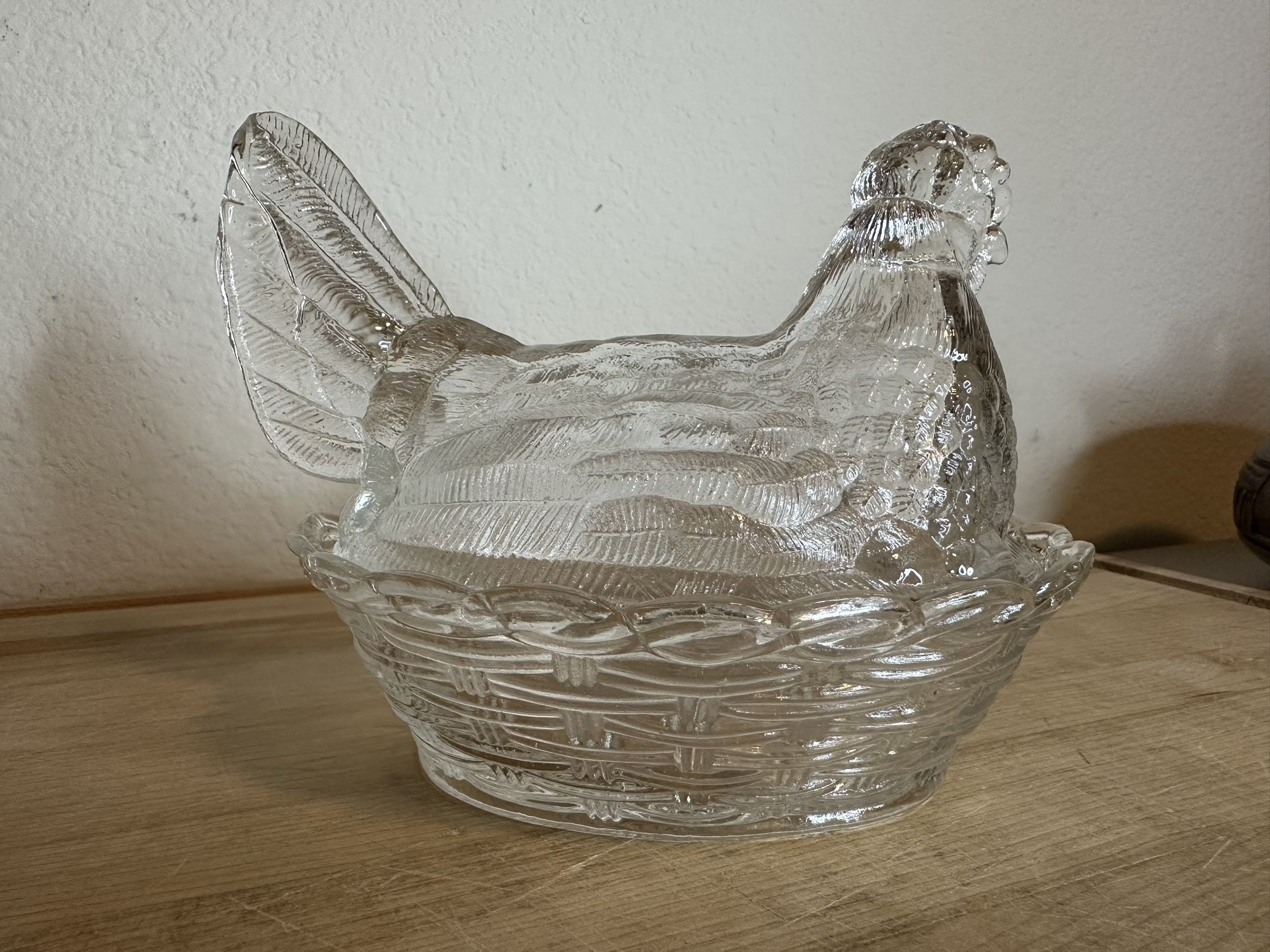 Vintage Glass Hen on Basket Nest Clear Candy Dish Large