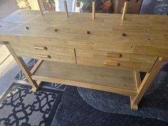 Wooden Workbench with Drawers and Lower Shelf