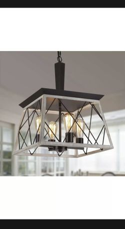 4-Light Farmhouse Chandelier Square Wrought Iron Pendant Lighting- White & Black