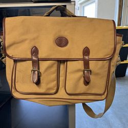 Ralph Lauren Messenger Bag Tan Canvas Brown Leatherette Buckle Straps Soft Case