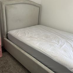 Grey Queen Sized Headboard And Footboard With Mattress And Frame