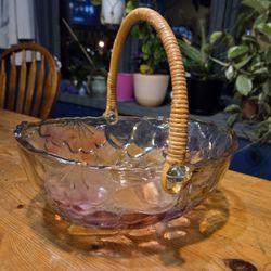 Indiana Glass Vintage Oval Fruit Bowl/Basket With Rainbow Garden Pattern And Rattan Handle 