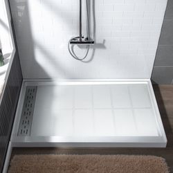 WOODBRIDGE Solid Surface Shower Base Pan with Recessed Trench Side Including Stainless Steel Linear Cover, Multiple Sizes, White