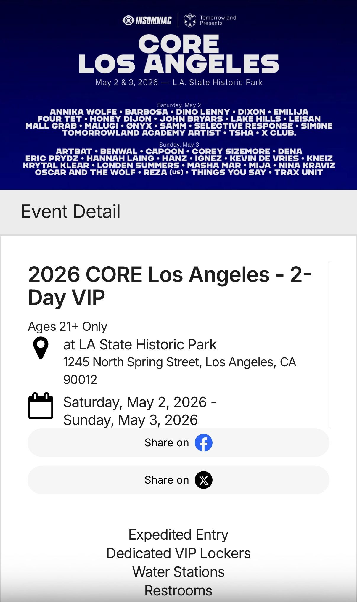 Tomorrowland Core LA - 2 Day VIP