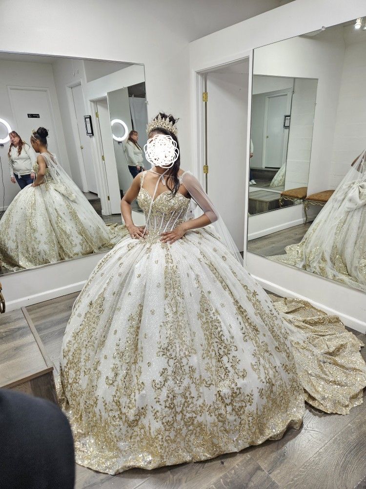 BEST OFFER : Stunning Detailed White And Gold Sparkling Quinceanera/ Ball Gown