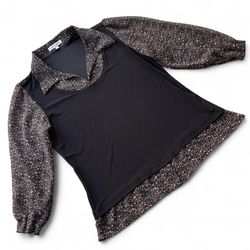 ✨CHEETAH PRINT MESH COLLARD TOP BLACK LAYERED BLOUSE MEDIUM✨