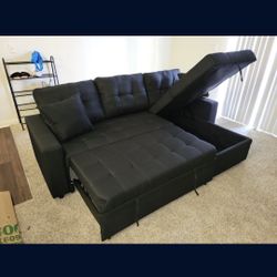 Brand New Sofa Pull Out Bed Black Fabric 2 Pillows Storage Chaise $525 FREE LOCAL DELIVERY & SET UP ONLINE SALES ONLY ORDER HERE PAY UPON DELIVERY NOT