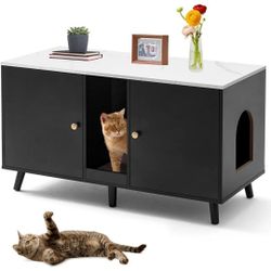 Litter Box Enclosure for 2 Cats, Double Hidden Litter Box Cabinet Furniture with Scratching Pad, Indoor Wood End Table Side Table Cat Washroom, Black