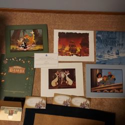Disney Unframed Lot Of 4 Lithographs & Disney Money