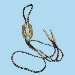 Bronze Thunderbird Bolo Tie With Turquoise And Black Leather Cord