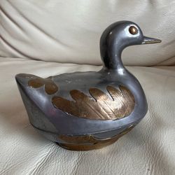 Vintage Pewter Silver Brass Duck Trinket Box