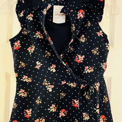 Monteau Navy Blue Floral Rose Dot Lace Bow Ruffle Sheer Peplum Shirt Girl Sz. L