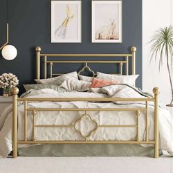 14 Inch Queen Size Metal Platform Bed Frame, Vintage Victorian Style, GOLD  D-7